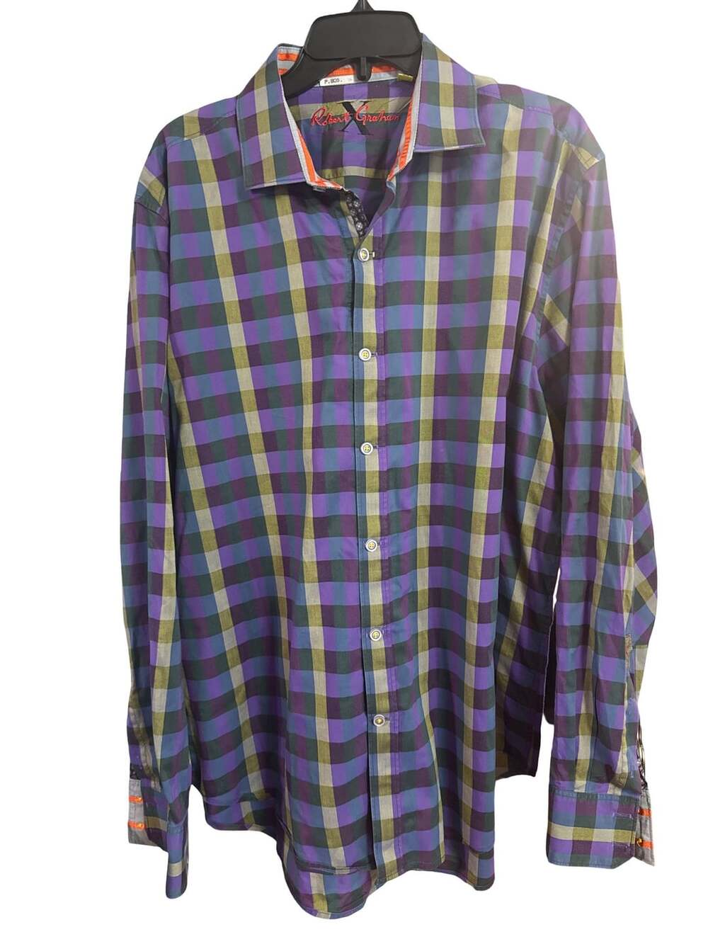 Robert Graham X Shirt Mens Medium Flip Cuff Tailored Fit Purple Blue Plaid